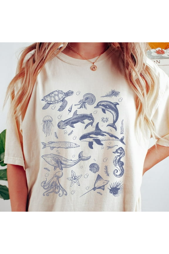 Retro Sea Animals T-Shirt, 90S Women'S Shirt, Sea Life Crewneck, Trendy Women Apparel, Summer Vibes Tee, Ocean Animals Tee Unisex S-5XL Hot Trending Shirt, Vintage Birthday Gift