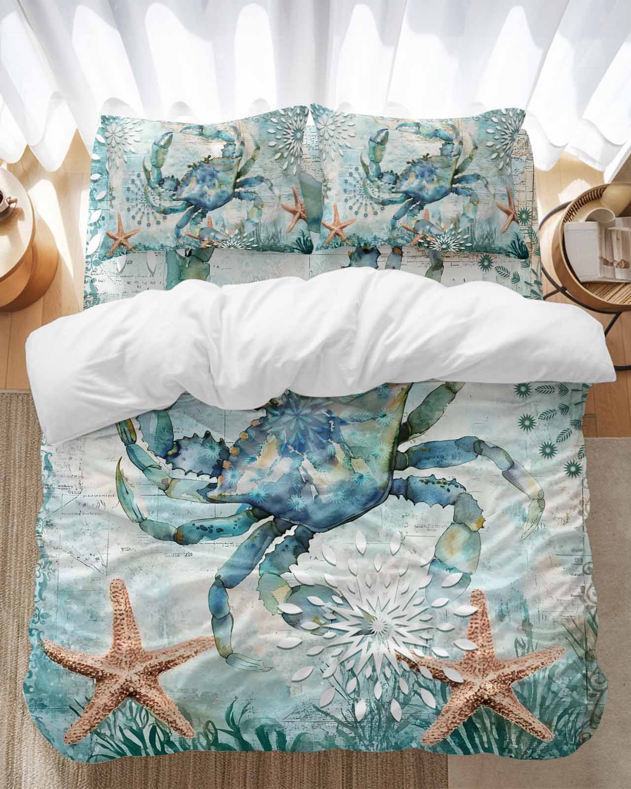 Retro Sea Crabs Bedding Duvet Cover Set Twin Size 4 Pieces Sea Stars Corals Ocean Animals Bedding Set with Zipper Closure, 1 Comforter Cover 68x86 Inches 1 Flat Sheet & 2 Pillow Cases