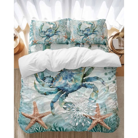 Retro Sea Crabs Bedding Duvet Cover Set Twin Size 4 Pieces Sea Stars Corals Ocean Animals Bedding Set with Zipper Closure, 1 Comforter Cover 68x86 Inches 1 Flat Sheet & 2 Pillow Cases
