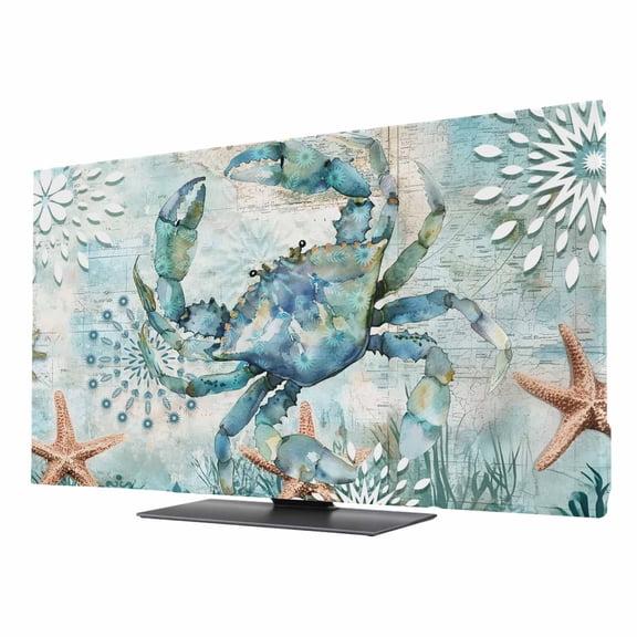 Retro Sea Crabs TV Dust Cover 24 Inch, Sea Stars Corals Ocean Animals Computer Monitor Cover Dustproof Stretchable Indoor TV Screen Protector for LED LCD Universal Monitors