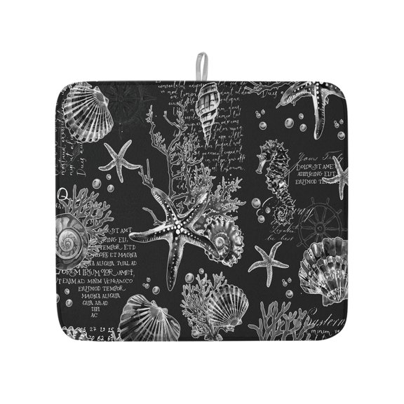 Retro Sea Marine Life Dish Drying Mats for Kitchen Counter,Absorbent Microfiber Dish Drainer Rack Mat Starfish Shells Coral on Black Letter Drying Pad for Sinks,Utensils,Countertops,16x18in