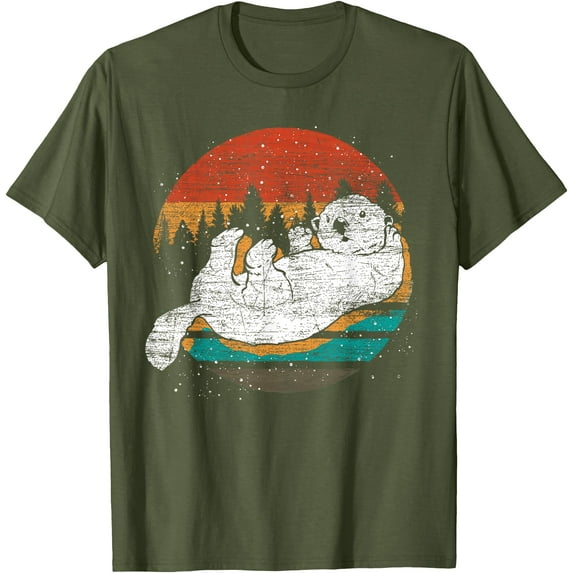 Retro Sea Otter Softystyle Unisex T-Shirt,Military Green Color,Size M