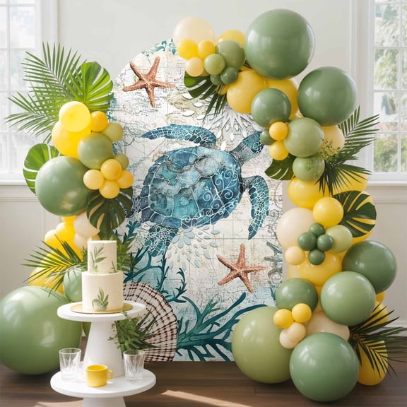 Retro Sea Turtle Arch Backdrop Cover, 6.6FT, Ocean Nautical Coral Vintage Background Spandex Arch Covers Double-Sided Backdrop for Wedding Birthday Party Photo Background Decoration