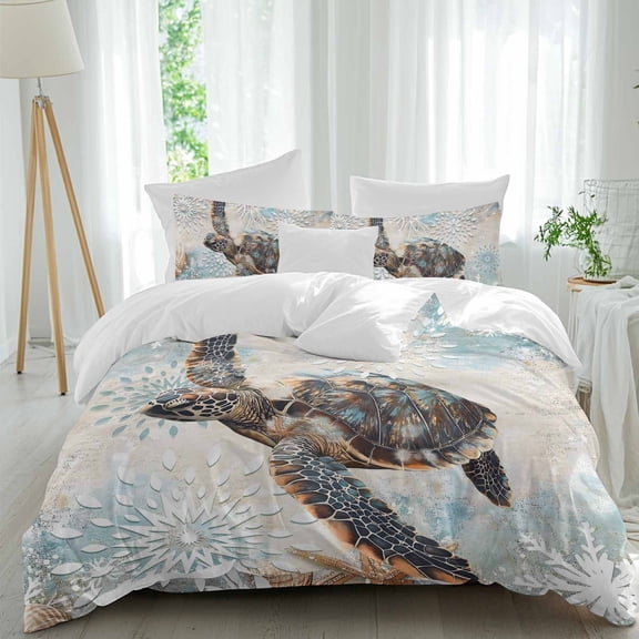 Retro Sea Turtle Queen Size Comforter Set, Nautical Starfish Summer Beach Boho Floral Bedding for All Seasons, 4 Pcs Bed Set, 1Quiltcover (90"x92") ,1Sheet(94"x116"), 2Pillowcases (30"x20")