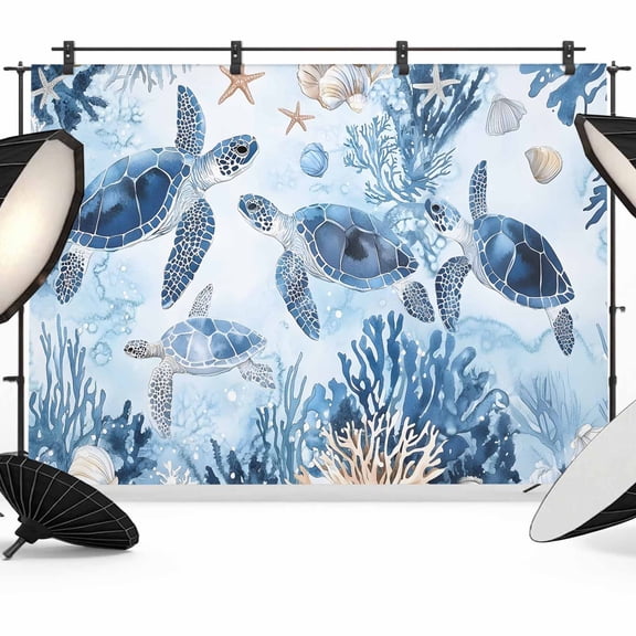 Retro Sea Turtles Backdrop for Photography, Jellyfish Sea Stars Corals Ocean Animal Photo Backdrop Portrait Background Party Banner Photo Backgrounds for Studio Booth Props, 7x5ft