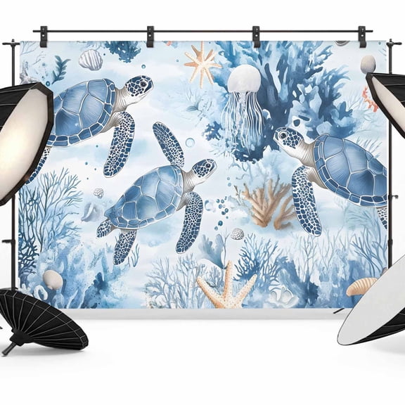 Retro Sea Turtles Backdrop for Photography, Ocean Sea Star Corals Animals Photo Backdrop Portrait Background Party Banner Photo Backgrounds for Studio Booth Props, 7x5ft