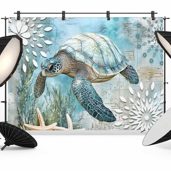 Retro Sea Turtles Backdrop for Photography, Ocean Sea Stars Corals Animal Photo Backdrop Portrait Background Party Banner Photo Backgrounds for Studio Booth Props, 7x5ft