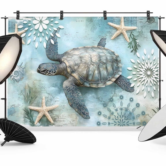 Retro Sea Turtles Backdrop for Photography, Oceans Sea Stars Corals Animals Photo Backdrop Portrait Background Party Banner Photo Backgrounds for Studio Booth Props, 7x5ft