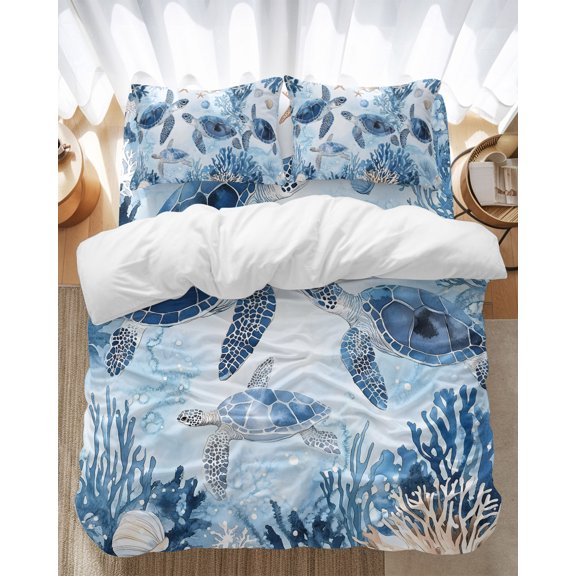 Retro Sea Turtles Bedding Duvet Cover Set Twin Size 4 Pieces Jellyfish Sea Stars Corals Ocean Animal Bedding Set with Zipper Closure, 1 Comforter Cover 68x90 Inches 1 Flat Sheet & 2 Pillow Cases