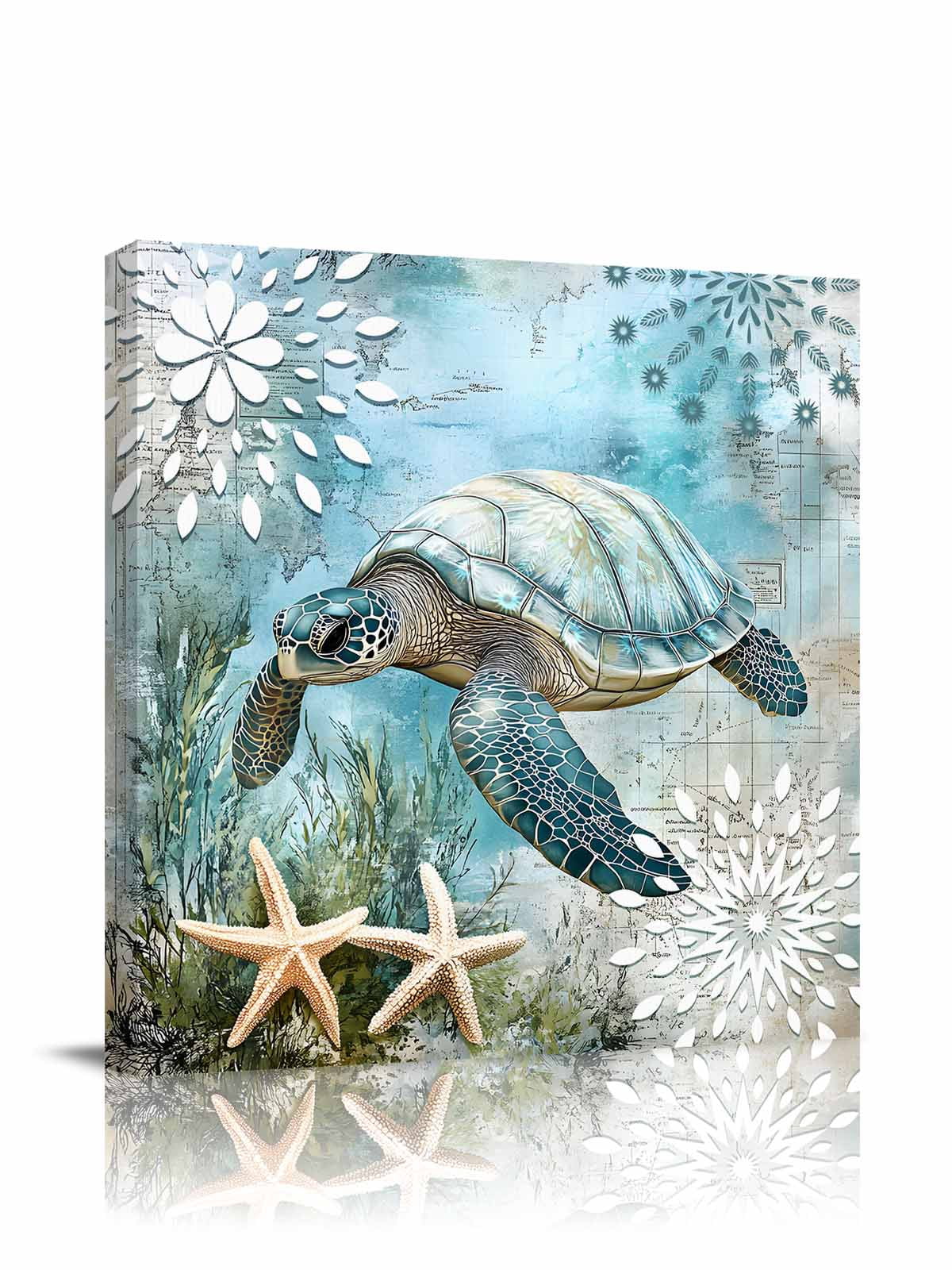 Retro Sea Turtles Canvas Wall Art, Ocean Sea Stars Corals Animal Framed Wall Decor Modern Artwork Prints Painting for Living Room, Bedroom, Kitchen & Cafe Decor 16x16 Inch