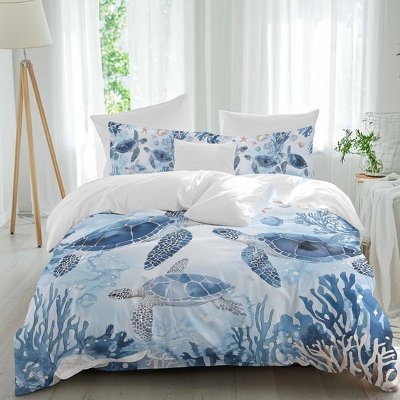 Retro Sea Turtles Duvet Cover Set Full Size, Jellyfish Sea Stars Corals Ocean Animal 4 Piece Soft Microfiber Bedding Set with 1 Duvet Cover, 1 Flat Sheet, 2 Pillowcases