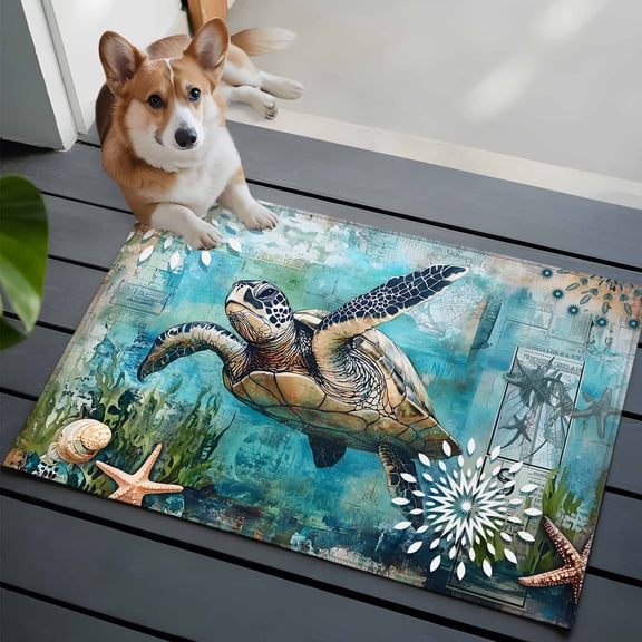 Retro Sea Turtles Front Door Rugs 2x3 ft Oceans Sea Stars Corals Small Rug for Entryway Non Slip Washable Bathroom Door Mat Absorbent Floor Mat for Indoor Entrance