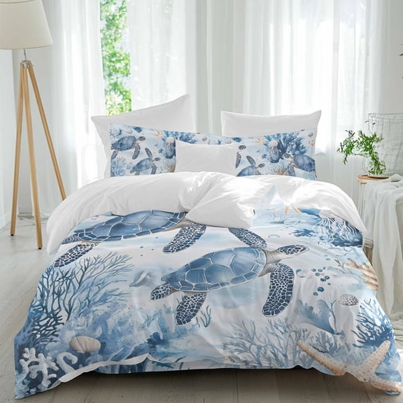 Retro Sea Turtles Full Size Comforter Set, Ocean Sea Star Corals Animals Bedding for All Seasons, 4 Pcs Bed Set, 1Quiltcover (86"x86") ,1Sheet(80"x116"), 2Pillowcases (30"x20")