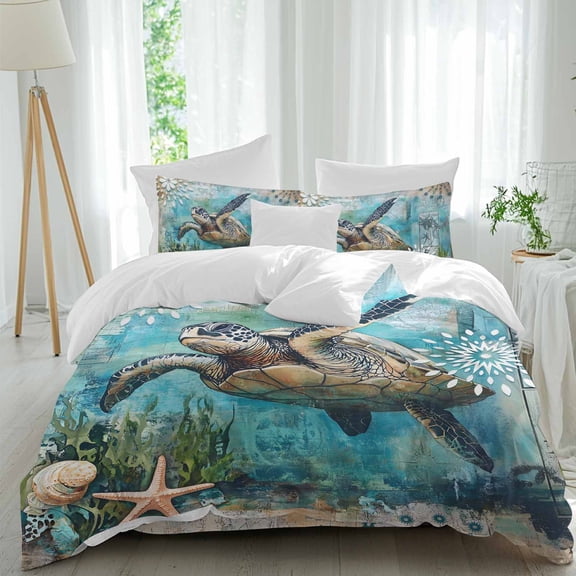 Retro Sea Turtles Queen Size Comforter Set, Oceans Sea Stars Corals Bedding for All Seasons, 4 Pcs Bed Set, 1Quiltcover (90"x92") ,1Sheet(94"x116"), 2Pillowcases (30"x20")