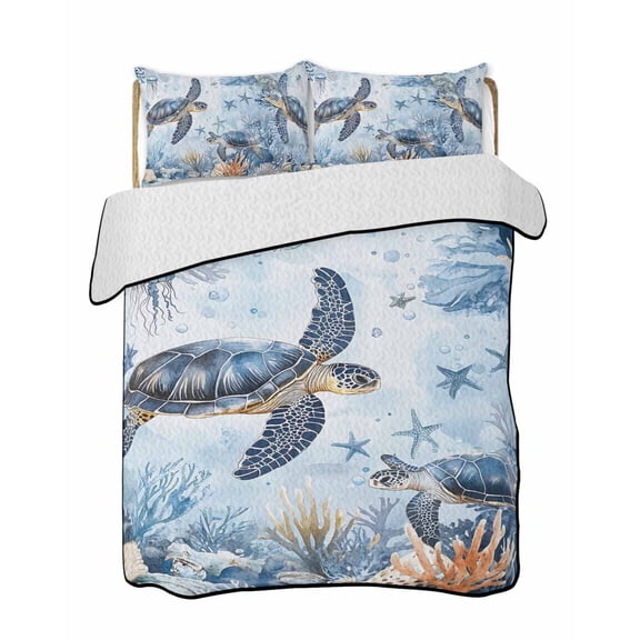 Retro Sea Turtles Quilts Bedding Set Queen Size Sea Stars Corals Ocean Animals Lightweight Quilted Bedspread 3 Piece Bed Quilt with 2 Pillow Shams All Season for Bedroom 78" x 90"