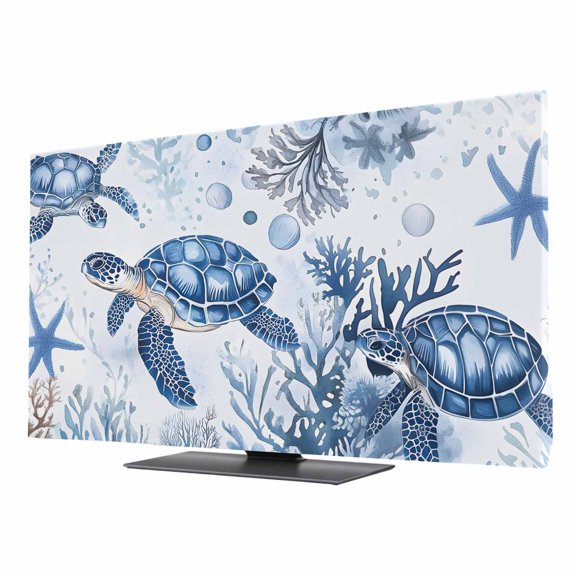 Retro Sea Turtles TV Dust Cover 24 Inch, Jellyfish Sea Stars Corals Ocean Animals Computer Monitor Cover Dustproof Stretchable Indoor TV Screen Protector for LED LCD Universal Monitors