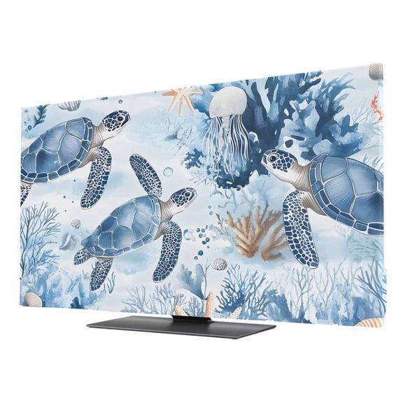 Retro Sea Turtles TV Dust Cover 24 Inch, Ocean Sea Star Corals Animals Computer Monitor Cover Dustproof Stretchable Indoor TV Screen Protector for LED LCD Universal Monitors