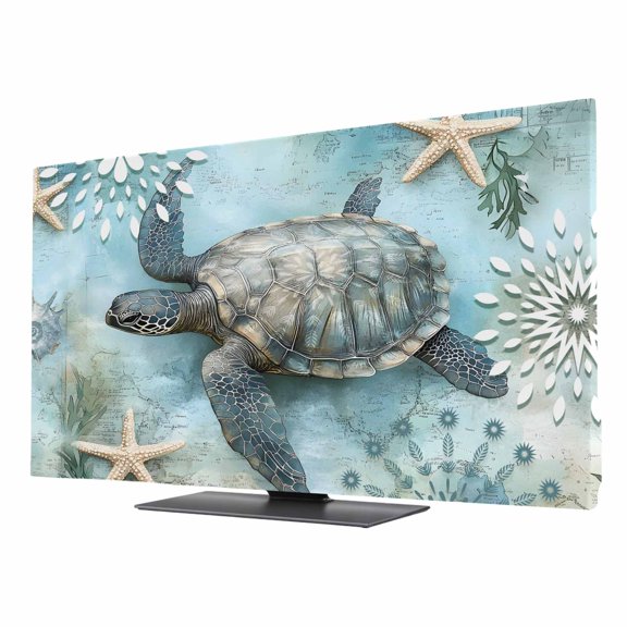 Retro Sea Turtles TV Dust Cover 24 Inch, Oceans Sea Stars Corals Animals Computer Monitor Cover Dustproof Stretchable Indoor TV Screen Protector for LED LCD Universal Monitors