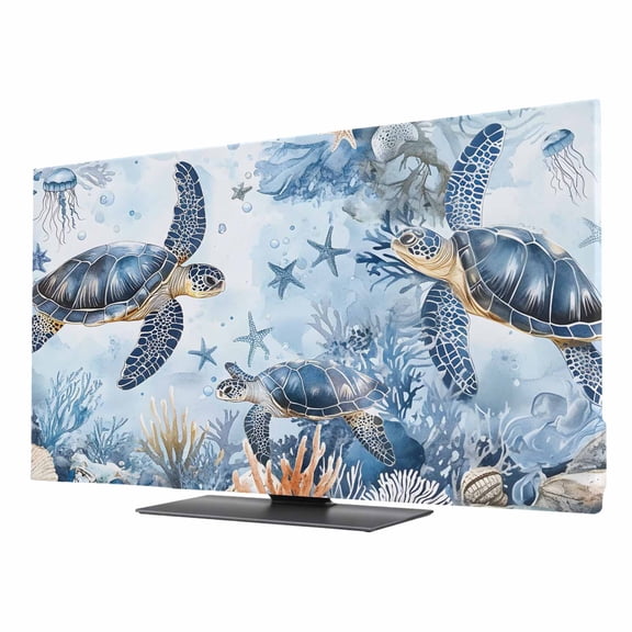 Retro Sea Turtles TV Dust Cover 24 Inch, Sea Stars Corals Ocean Animals Computer Monitor Cover Dustproof Stretchable Indoor TV Screen Protector for LED LCD Universal Monitors