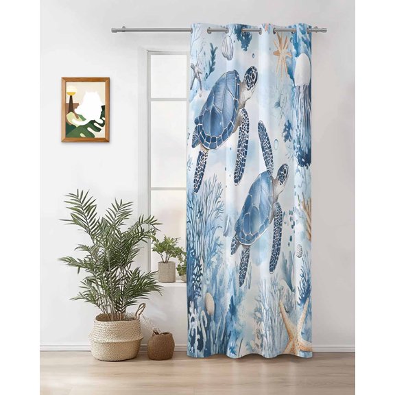 Retro Sea Turtles Thermal Insulated Blackout Curtains for Bedroom 45 Length Ocean Sea Star Corals Animals Room Darkening Curtain 1 Panel Grommet Window Curtain Drape for Living Room Nursery Room