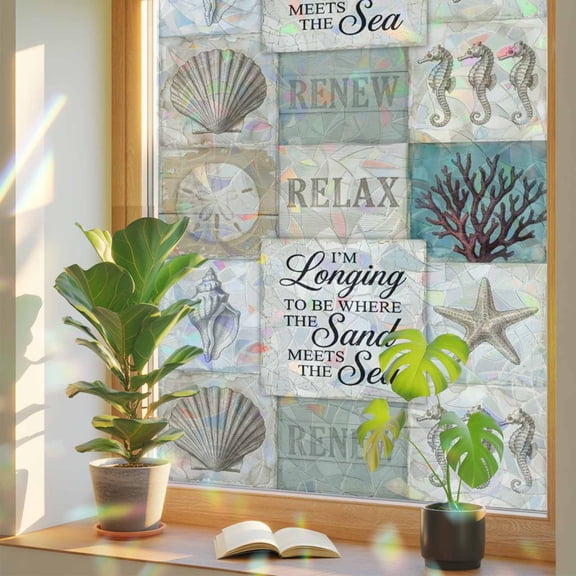 Retro Sea Window Privacy Film, Coastal Seahorse Seashell Beige Distressed Texture Stained Glass Rainbow Film Decorative Window Clings, Static Cling Sun Blocking Stickers 29.5" x 118"