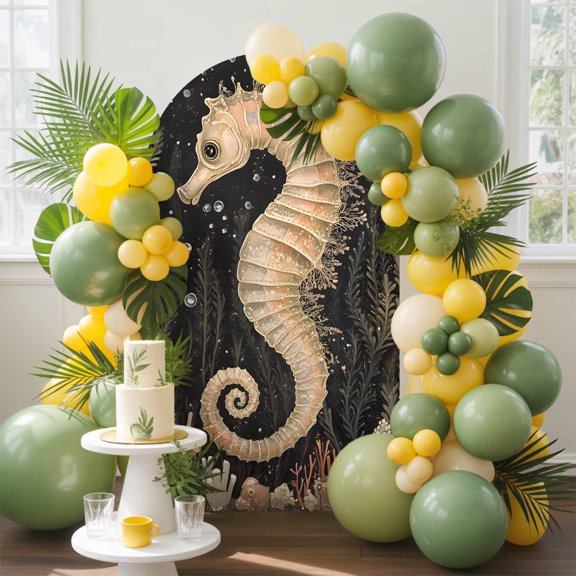 Retro Seahorse Arch Backdrop Cover, 5FT, Coral Starfish Shell Nautical Spandex Arch Covers Double-Sided Backdrop for Wedding Birthday Party Photo Background Decoration