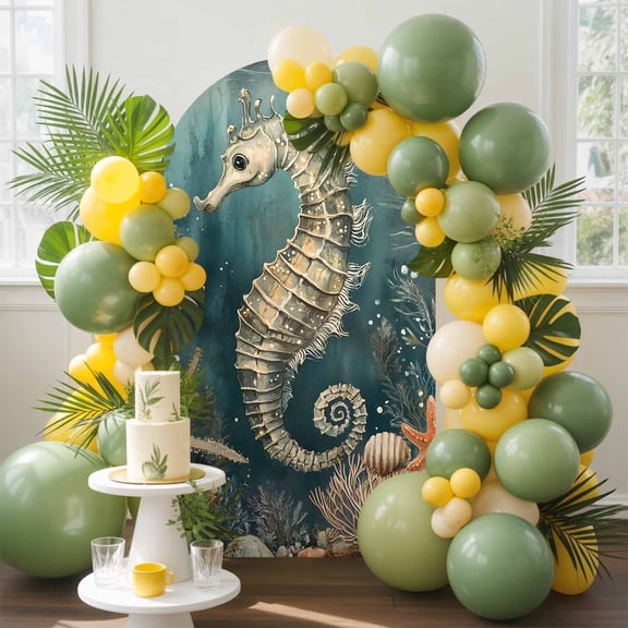 Retro Seahorse Arch Backdrop Cover, 7.2FT, Coral Starfish Shell Coastal Nautical Spandex Arch Covers Double-Sided Backdrop for Wedding Birthday Party Photo Background Decoration