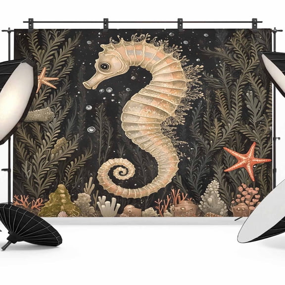Retro Seahorse Backdrop for Photography, Coral Starfish Shell Nautical Photo Backdrop Portrait Background Party Banner Photo Backgrounds for Studio Booth Props, 12x8ft