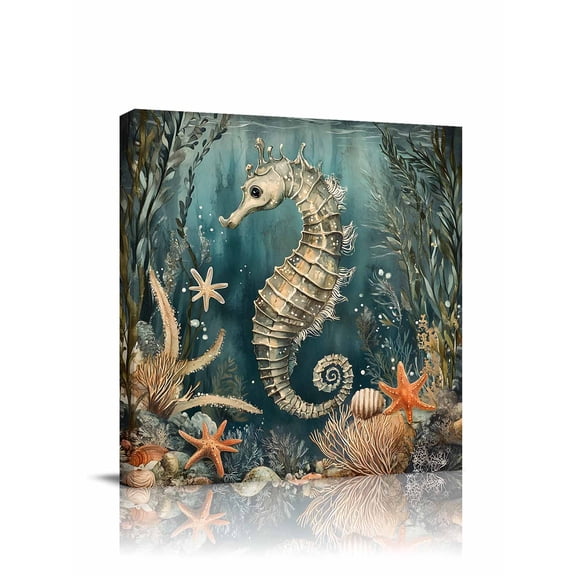 Retro Seahorse Canvas Wall Art, Coral Starfish Shell Coastal Nautical Framed Wall Decor Modern Artwork Prints Painting for Living Room, Bedroom, Kitchen & Cafe Decor 12x12 Inch