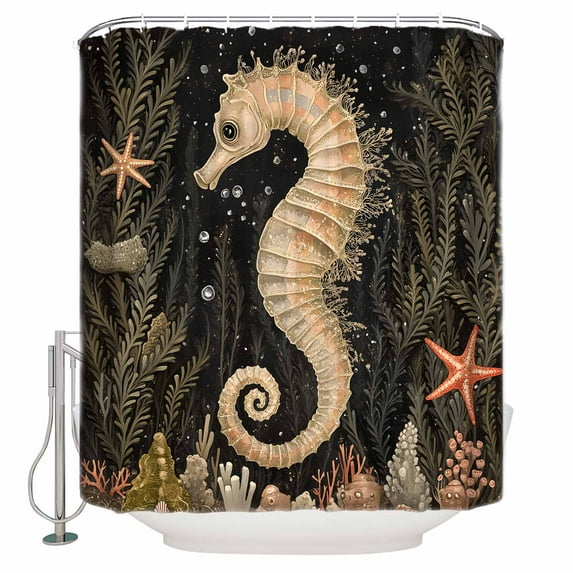 Retro Seahorse Shower Curtain, 66" x 72", Coral Starfish Shell Nautical Waterproof Bathroom Curtain Washable Shower Curtain Set with 12 Hooks