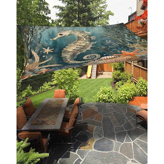 Retro Seahorse Waterproof Sun Shade Sail Coral Starfish Shell Coastal Nautical Outdoor Patio Sun Shades Canopy UV Block Waterproof Sunshade for Garden Backyard Deck Pergola 6.5x10 Ft