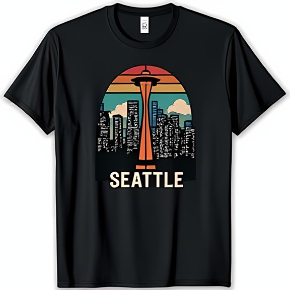 Retro Seattle Black T-Shirt with Space Sunset Graphic
