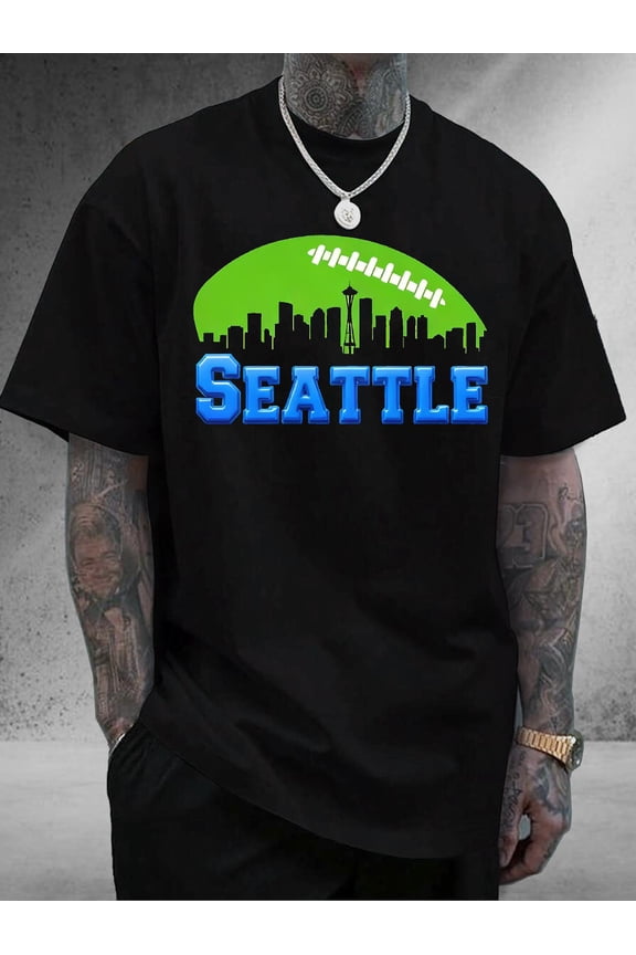 Retro Seattle Football Skyline Graphic Men's T-Shirt - Vintage Style City Pride Short Sleeve Tee - Sporty Blue and Green Fan Apparel