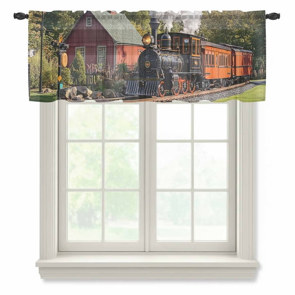 Retro Semi Sheer Valance Curtains Train Motor Vehicle Building Sky Grass Country Scenery Voile Valances Curtain Rod Pocket Small Window Treatment for Kitchen Bathroom Cafe 42"x12"