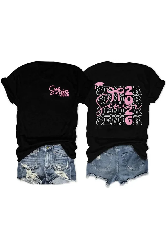 Retro Senior 2026 Graduation T-Shirt Class of 2026 Pink Bow Coquette Aesthetic Women's Short Sleeve Tee Groovy Back to School Apparel