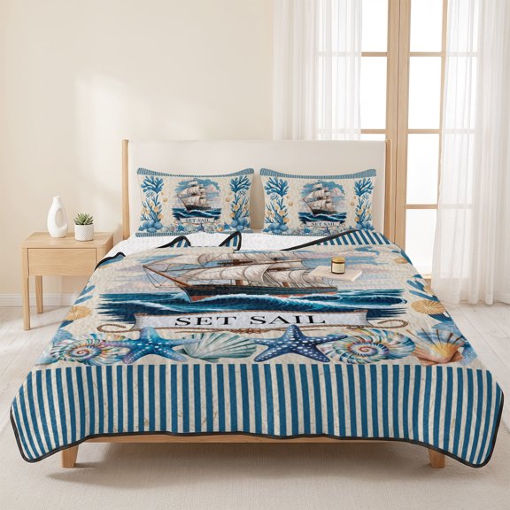 Retro Set Sail Sailing Ships 3 Pieces Quilt Set,1 Quilt with 2 Shams,Blue Corals Sea Stars Bedspread Soft Lightweight Bedding Coverlet Comforter Set for All Season 96"x106"