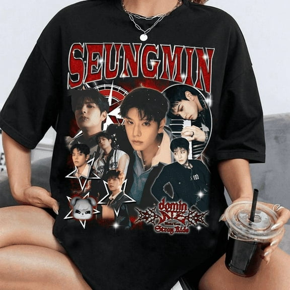 Retro Seungmin Kpop T-Shirt, Stray Kids dominATE SKZOO World Tour US 2025 Graphic Tee,Black Color,Size L