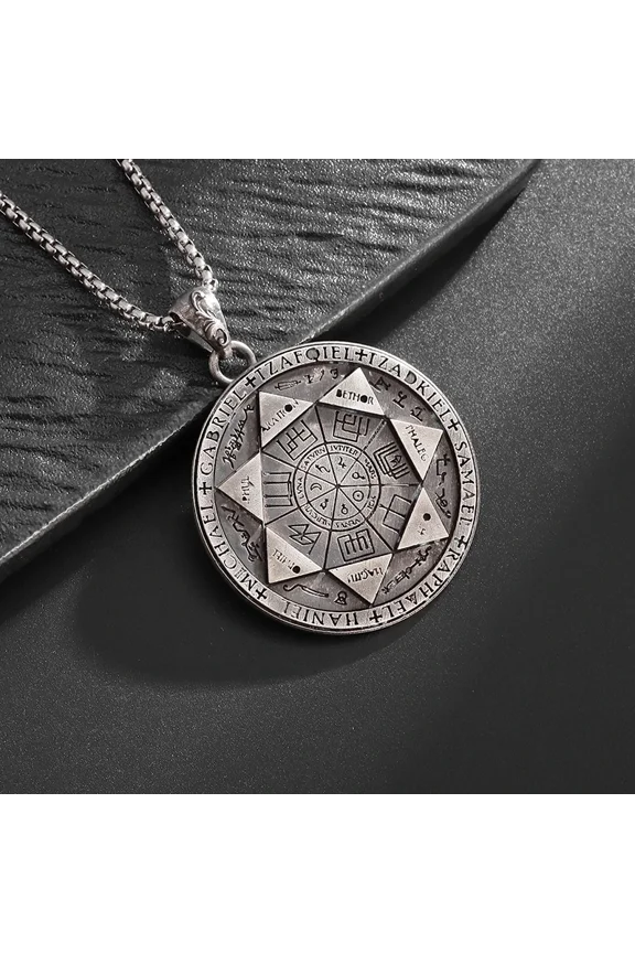 Retro Seven Angels Magic Circle Solomon\'s Seal Necklace Pendant 14K White Gold Personalized Men\'s Punk Lucky Amulet Jewelry