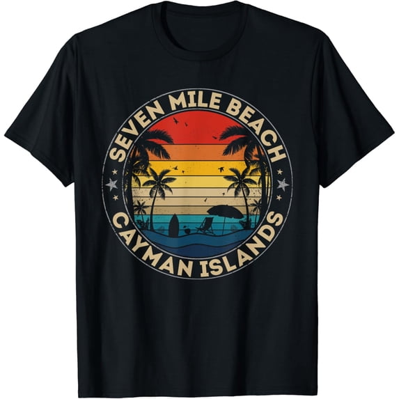Retro Seven Mile Beach Cayman Islands Vintage Sunset Tropical Vacation Souvenir Graphic T-Shirt for Men and Women