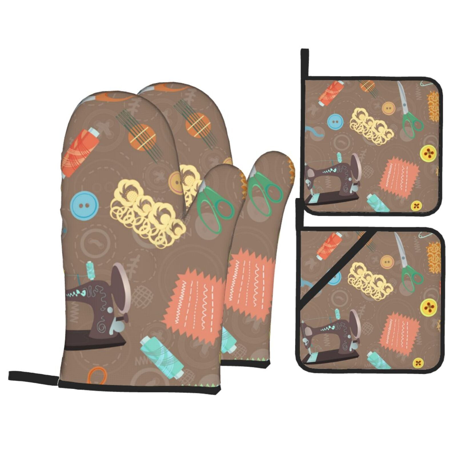 Retro Sewing Accessories Scissors Vintage 4Pcs Oven Mitts and Pot Holders Sets Oven Kitchen Gloves Hot Pads for Cooking BBQ Baking Grilling