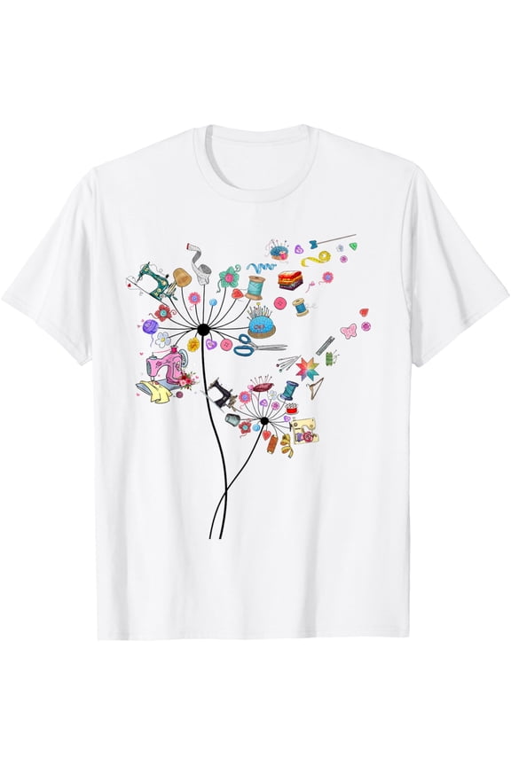 Retro Sewing Dandelion Graphic T-Shirt - Artistic Seamstress Quilting Hobby Tee - Colorful Crafting Tools Design for Women - Unique Tailor Fashion Apparel