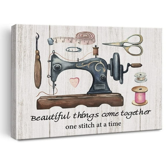 Retro Sewing Machine Art Wall Decor Beautiful Things Come Together Quote Canvas Print Farmhouse Painting for Sewing Lover Home Sewing Room Wall