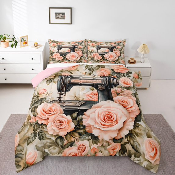 Retro Sewing Machine Bedding Sets 2 Pcs,Blooming Pink Rose Romantic Comforter Set Women,Botanical Garden Vintage Floral Quilted Comforter with 1 Pillowcase