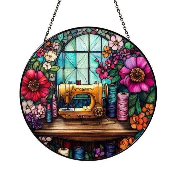 Retro Sewing Machine Stained Glass Suncatcher, Craft Studio Window Decor Panel, Tailor Inspired Home Accent Gift