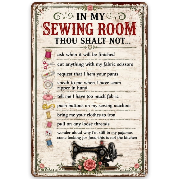 Retro Sewing Room Rules Metal Wall Decor Sign with Humorous Quotes and Vintage Floral Design - 8x12 Inch Iron Home Decor Plaque with Pre-Drilled Holes for Easy Hanging in Craft Room or Workshop