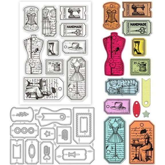 Retro Sewing Ticket Clear Stamp and Cutting Dies Set for Card Making Sewing Machines Silicone Clear Stamp Metal Sewing Clothes Die Cuts for DIY Scrapbooking Photo Album Decorative