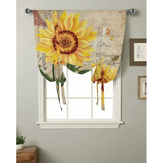 Retro Shabby Sunflower Window Curtain for Living Room Roman Curtains for Kitchen Cafe Tie Up Short Drapes