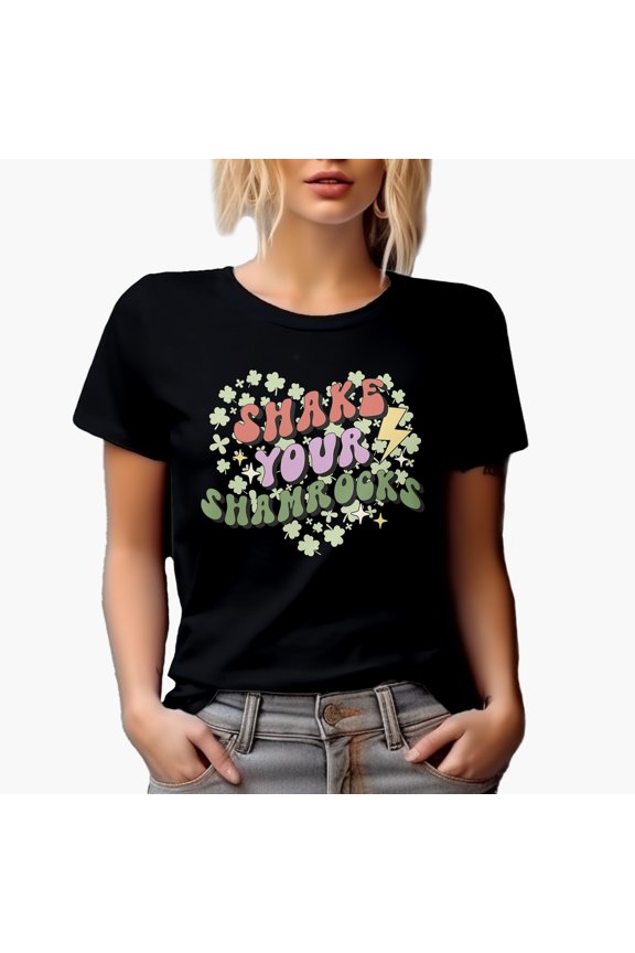 Retro Shake Your Shamrocks Groovy Wavy Text, St. Patrick's Day Gift, Black T-Shirt, Small