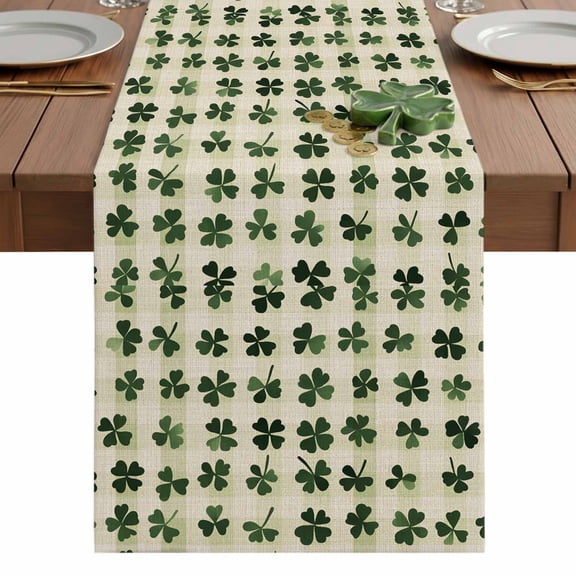 Retro Shamrocks Table Runner 14 x 72 Inch, St Patrick's Day Washable Cotton Linen Dining Table Runner Tabletop Decorations for Restaurant Home Kitchen Party