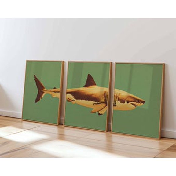 Retro Shark Wall Art Set, Minimalist Coastal Prints, Stretched Canvas